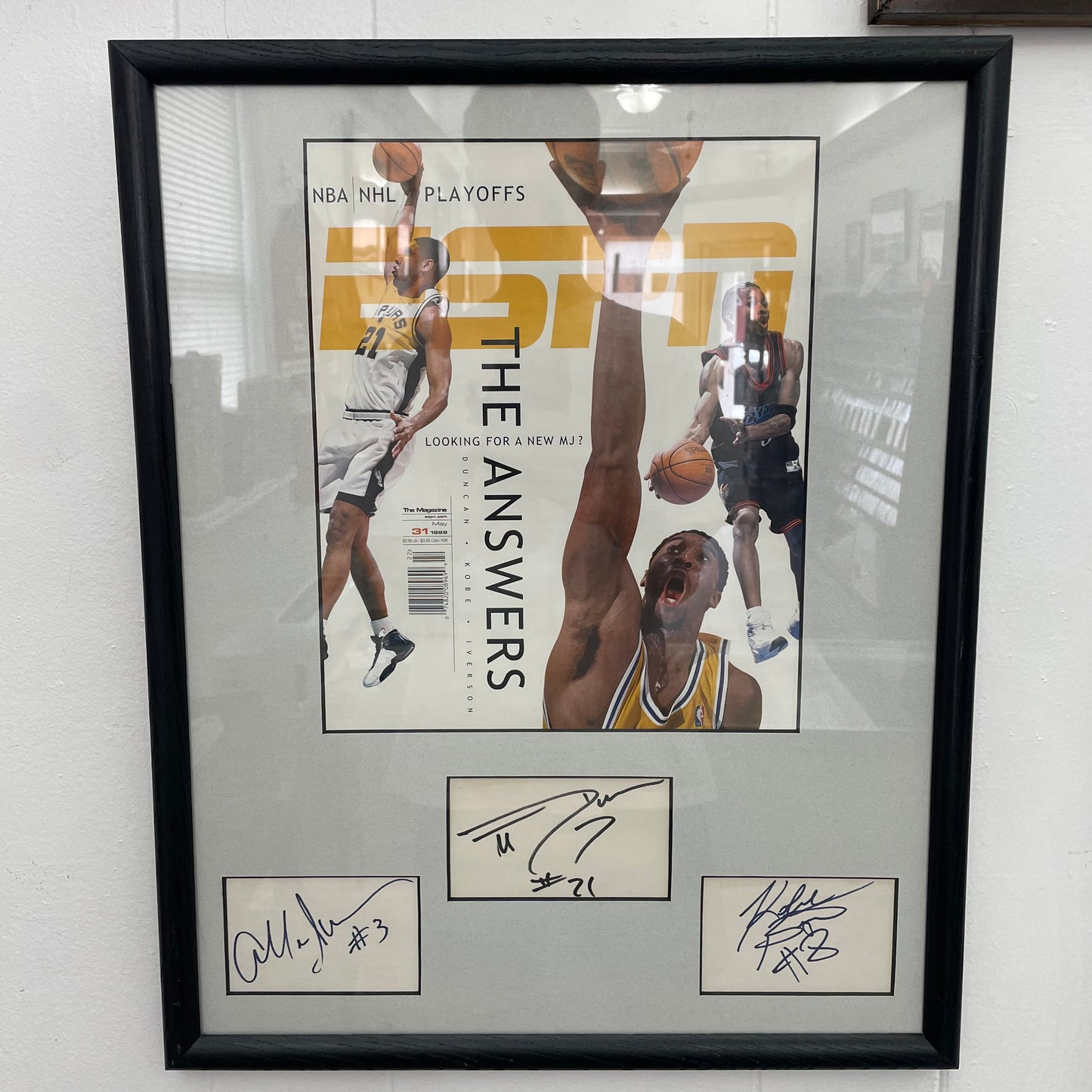 KOBE BRYANT SIGNED #8 AUTO ESPN MAGAZINE display w/ Duncan & Iverson JSA LOA WOW