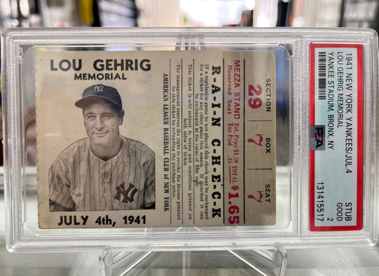1941 YANKEES BASEBALL TICKET- LOU GEHRIG MEMORIAL DAY- AND DIMAGGIO's HITTING STREAK- PSA 2- $1750