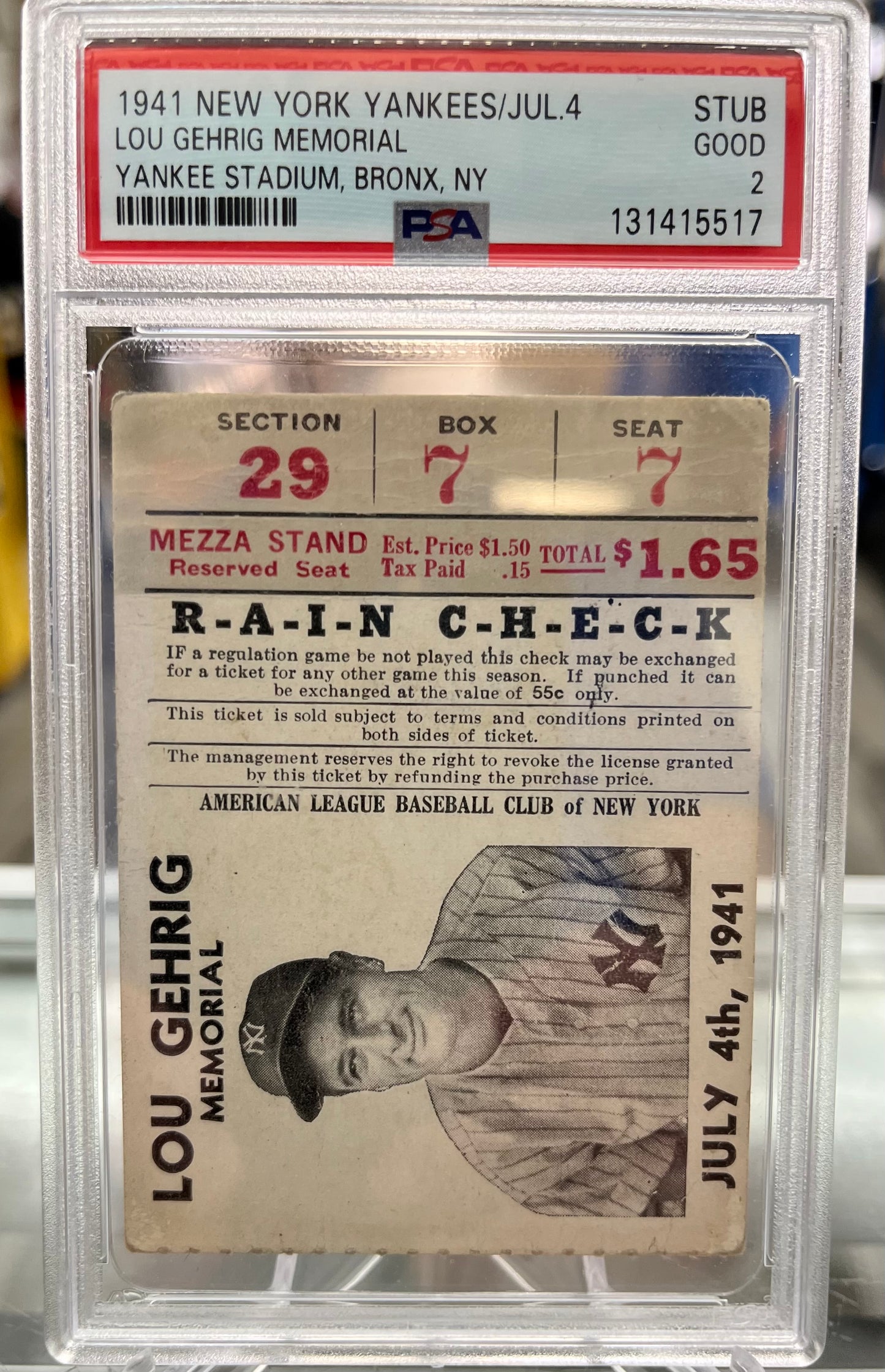 1941 YANKEES BASEBALL TICKET- LOU GEHRIG MEMORIAL DAY- AND DIMAGGIO's HITTING STREAK- PSA 2- $1750