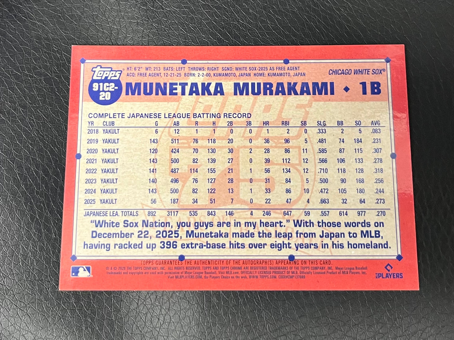 2026 TOPPS BASEBALL MUNETAKA MURAKAMI WHITE SOX SIGNED AUTO SILVER PACK MOJO RC /199 MINT WOW!! - $995