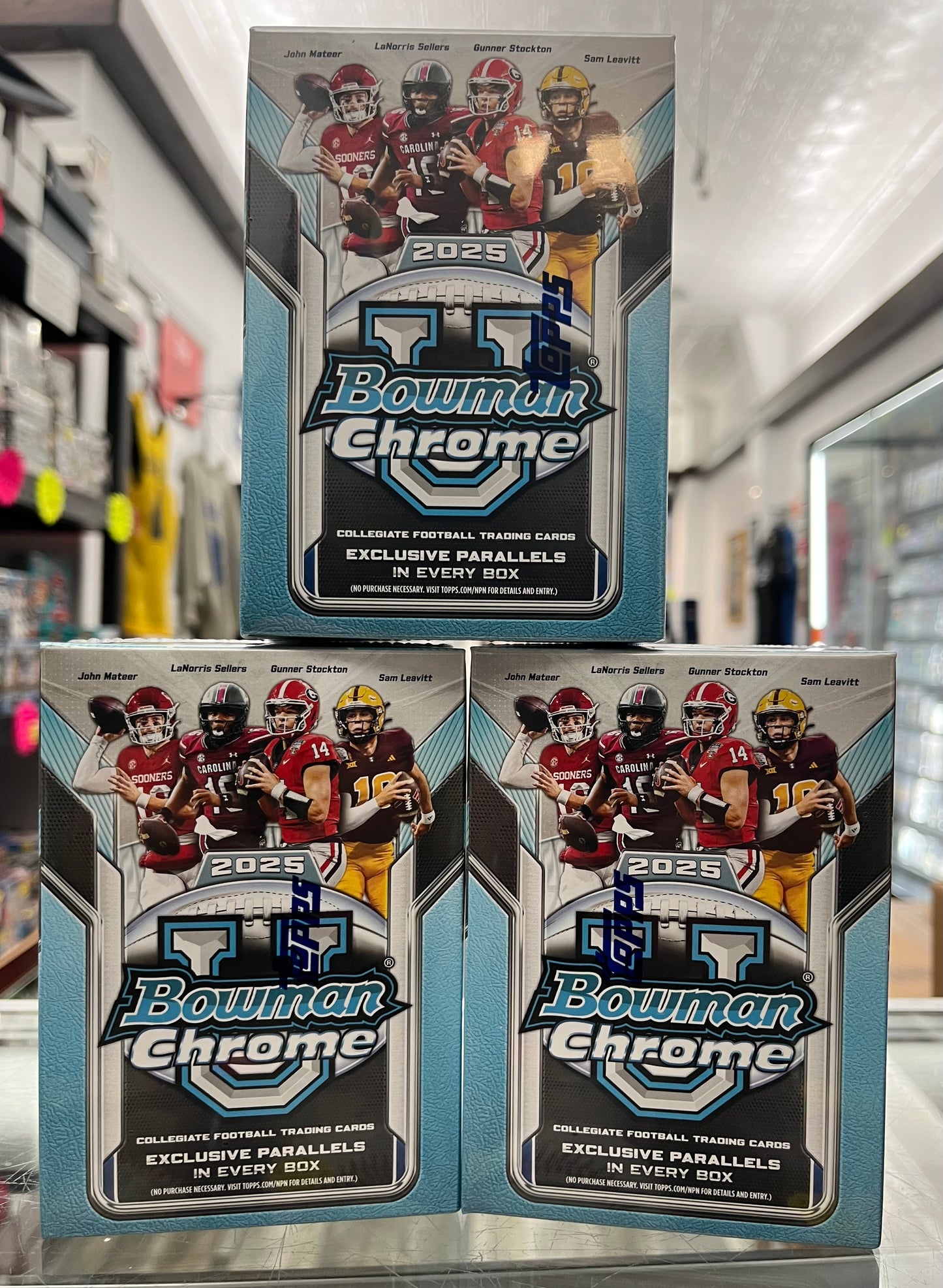 2025 BOWMAN CHROME UNIVERSITY FOOTBALL BLASTER BOX LOT OF 3- ONLY $63!