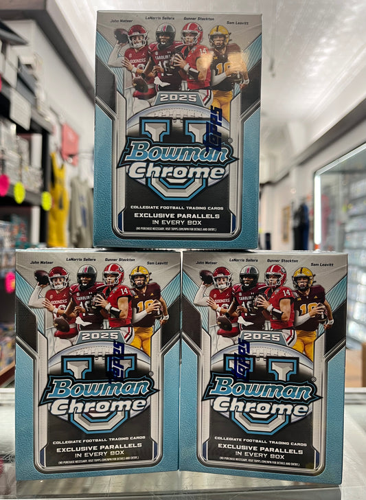 2025 BOWMAN CHROME UNIVERSITY FOOTBALL BLASTER BOX LOT OF 3- ONLY $63!