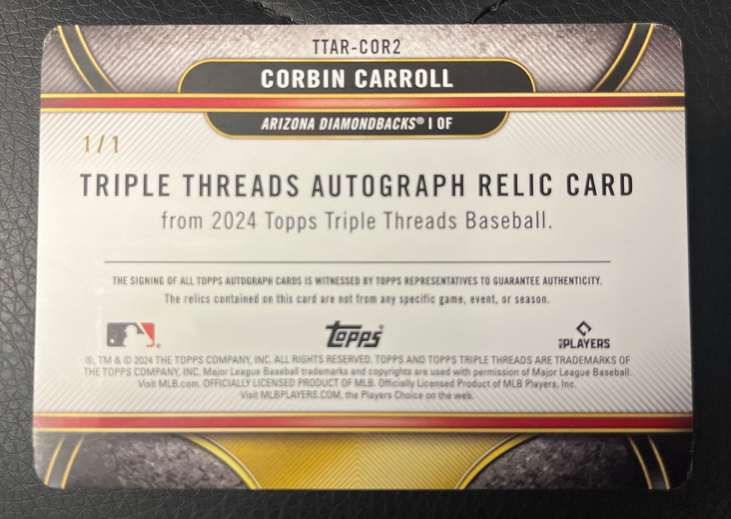 2024 TOPPS TRIPLE THREADS CORBIN CARROLL 1/1 AUTO SIGNED RELIC CARD PLATE- MINT & GORGEOUS $1600
