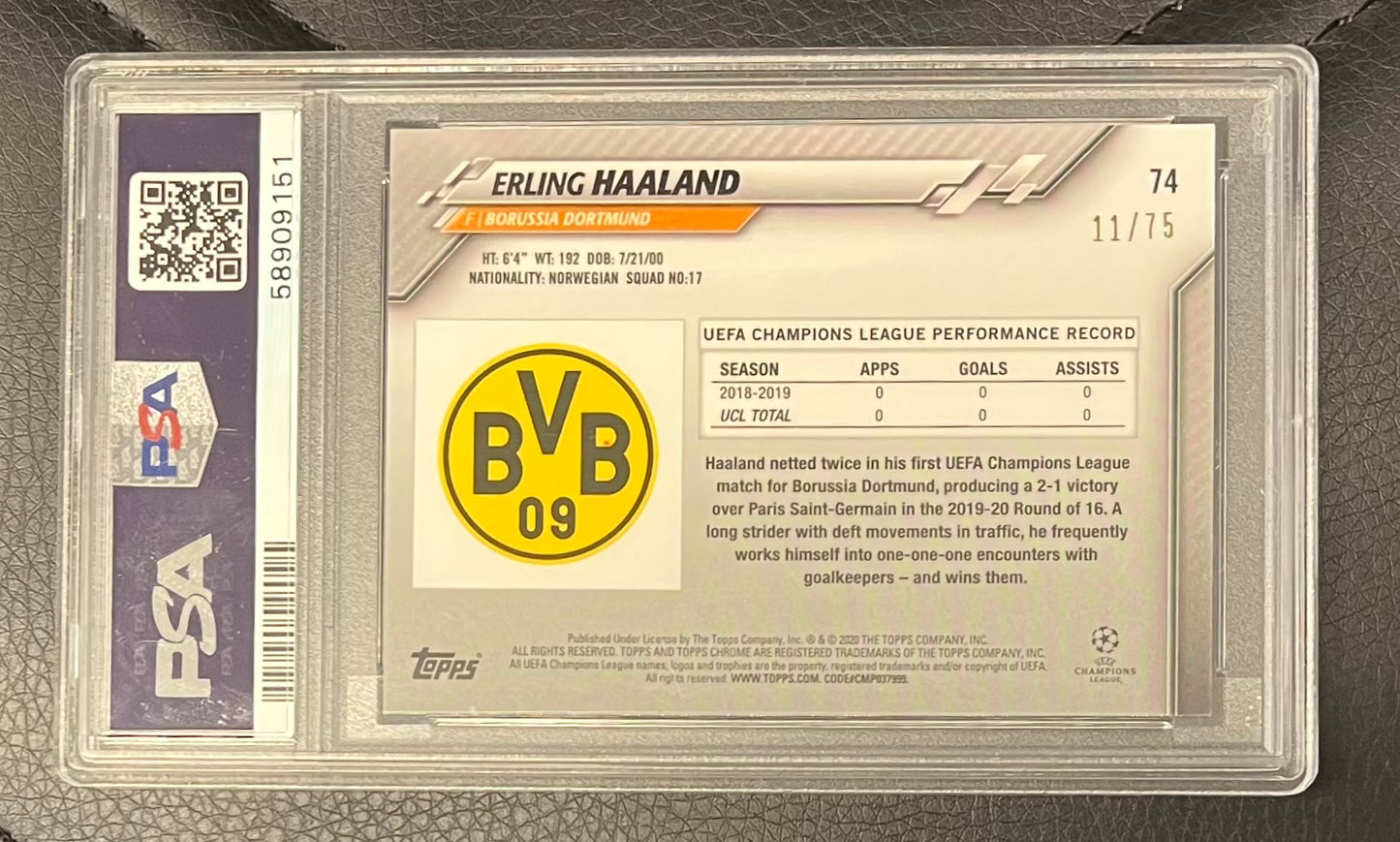 2019 TOPPS CHROME UCL ERLING HAALAND BLUE WAVE REFRACTOR PSA 10 OUTSTANDING! $4950