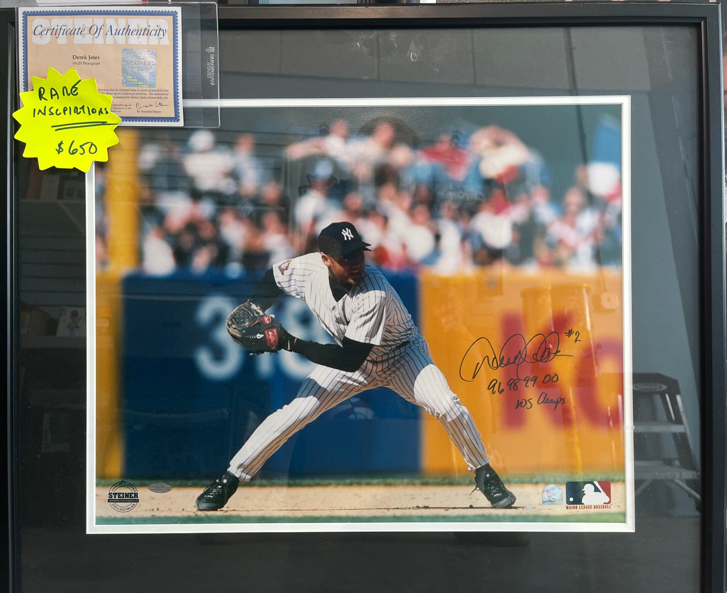 DEREK JETER YANKEES CAPTAIN SIGNED GORGEOUS FRAMED PHOTO W/ GREAT WORLD SERIES INSCRIPTION CONTENT- $650