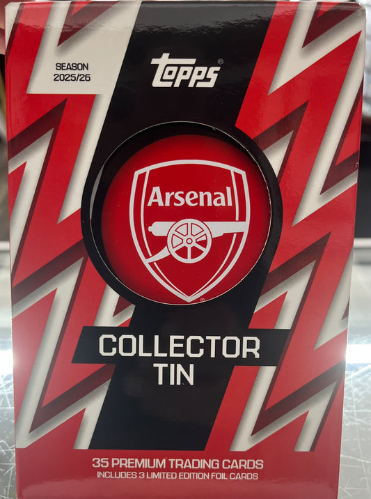 2025-2026 TOPPS SOCCER ARSENAL FOOTBALL CLUB COLLECTOR'S TIN- 35 CARDS W/ HIDDEN AUTOS- 2 FOR ONLY $55