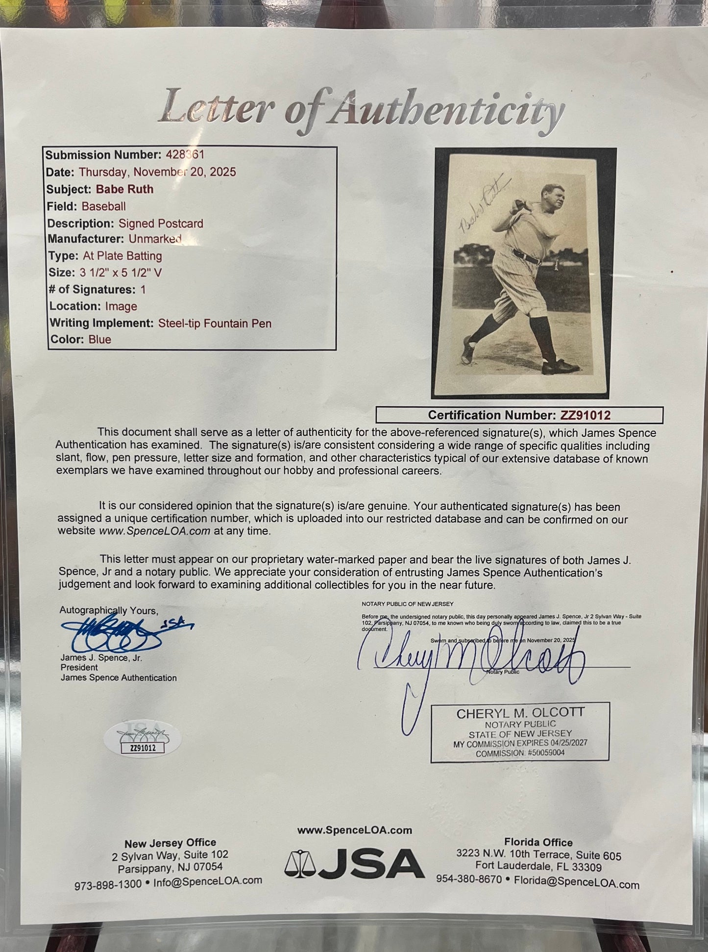 BABE RUTH YANKEES AUTOGRAPHED SIGNED PHOTO POSTCARD FULL JSA LOA- ONE OF THE NICEST RUTH SIGS YOU'LL EVER SEE!