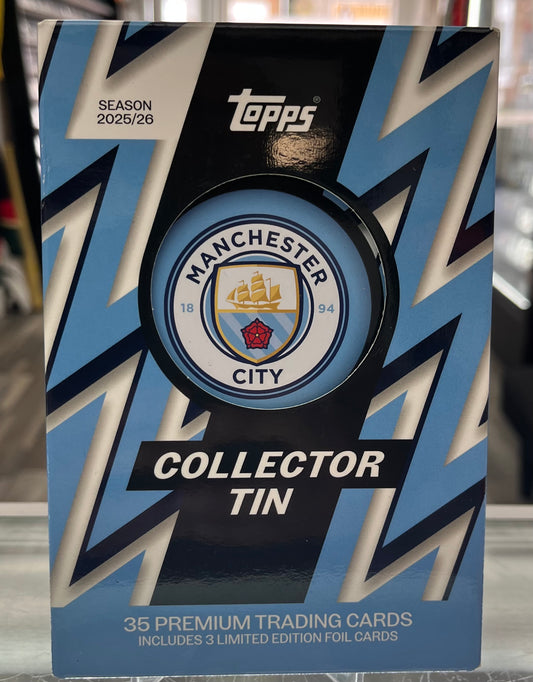 2025-2026 TOPPS SOCCER MANCHESTER CITY FOOTBALL CLUB COLLECTOR'S TIN- 35 CARDS W/ HIDDEN AUTOS- 2 FOR ONLY $65