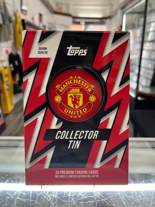 2025-2026 TOPPS SOCCER MANCHESTER UNITED FOOTBALL CLUB COLLECTOR'S TIN- 35 CARDS W/ HIDDEN AUTOS- 2 FOR ONLY $65
